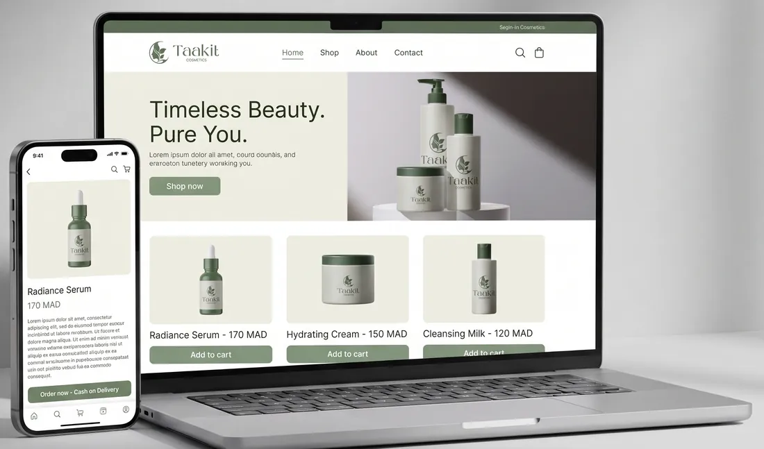 Taakit Cosmetics online store on laptop and phone